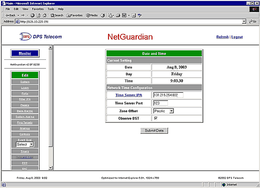 Enable NTP synchronization by entering the IP address of a network time server.