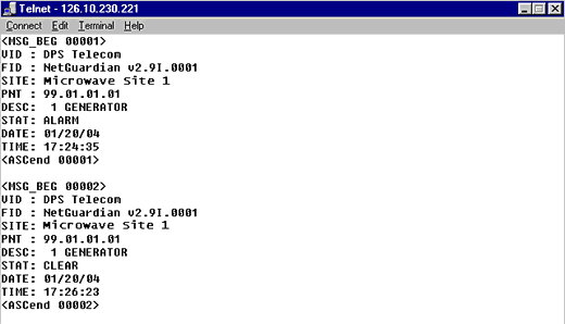 Telnet session